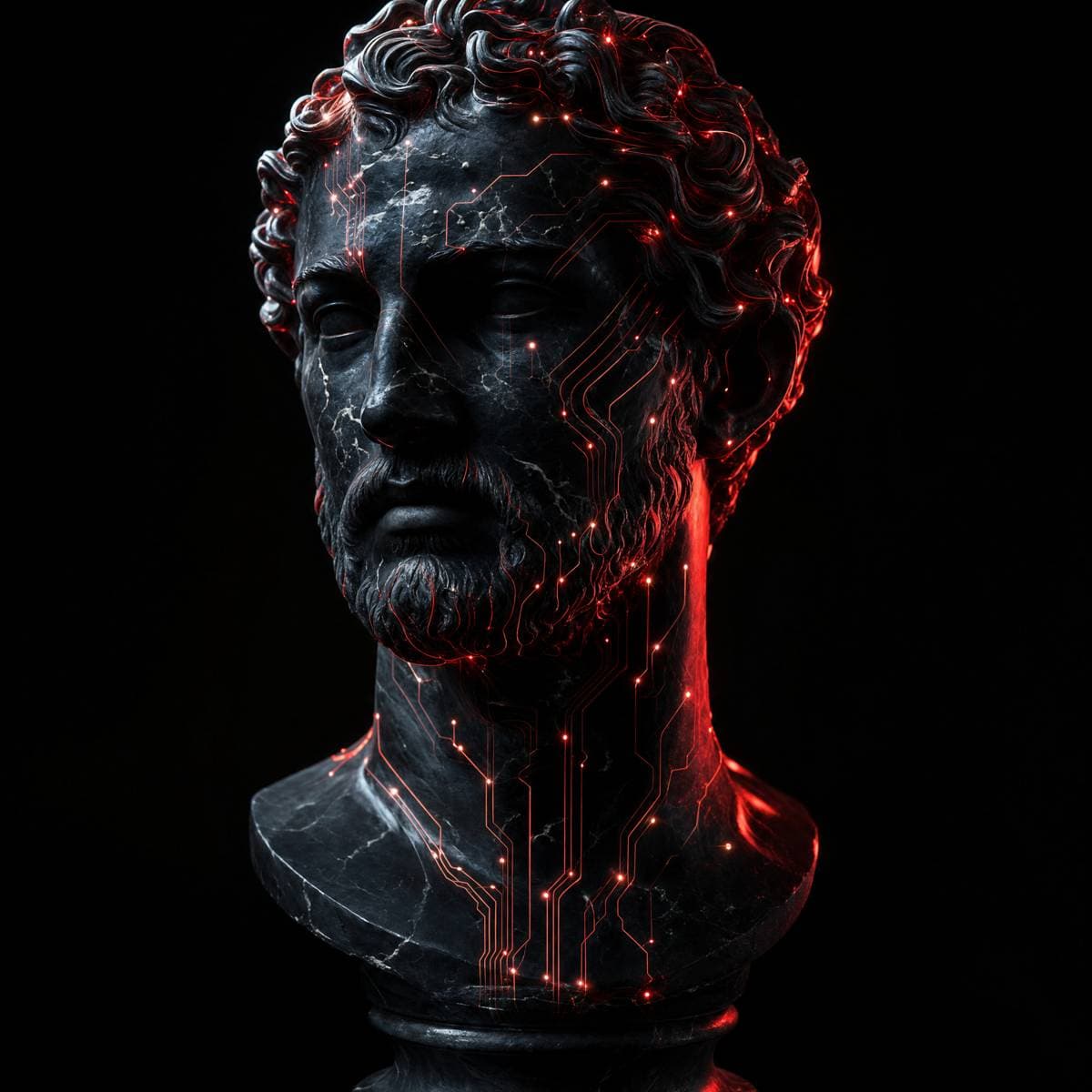 Dark marble bust fused with glowing circuitry